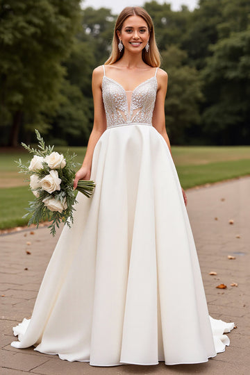 Ivory Satin A Line Sweep Train V Neck Wedding Dress with Lace